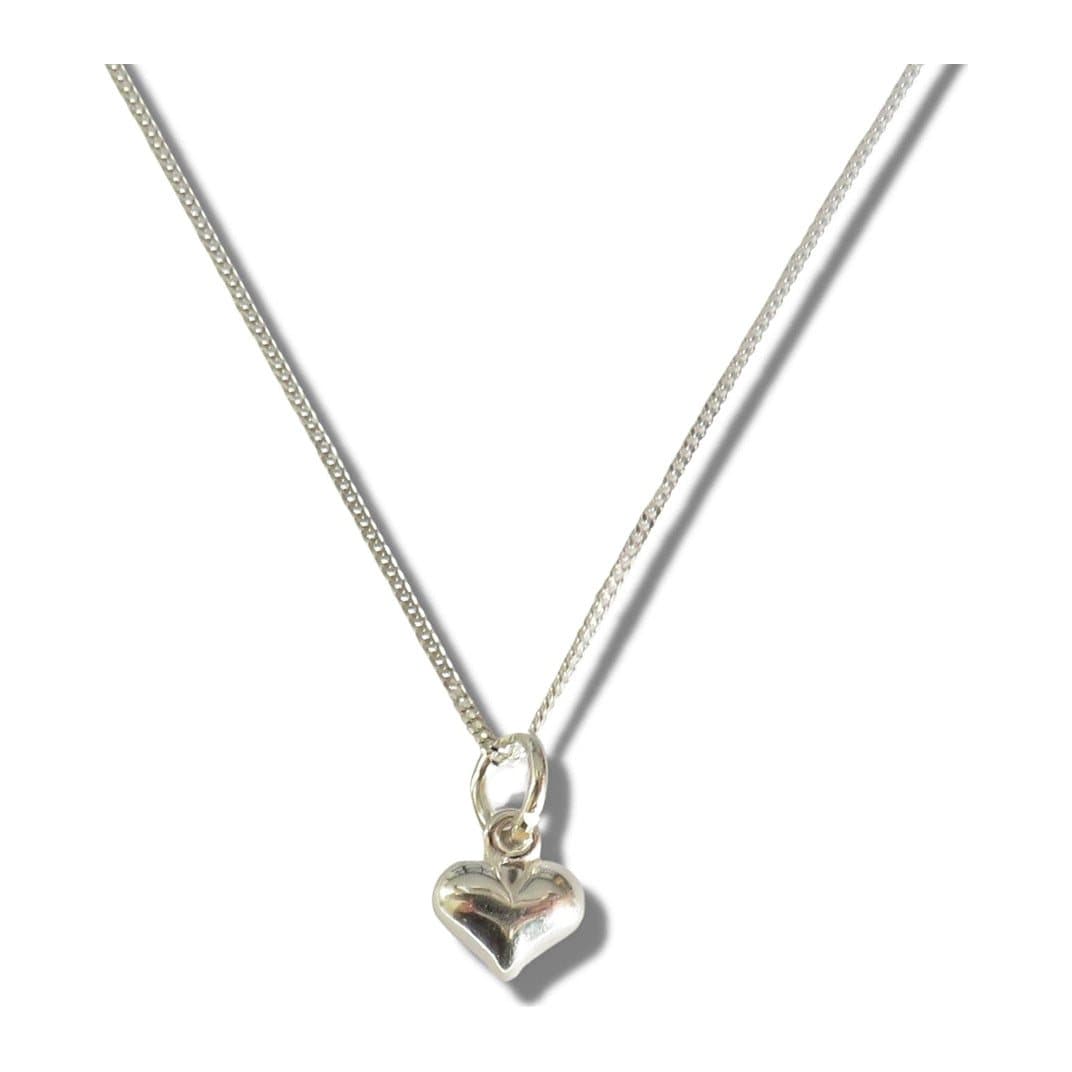 Mini puff heart silver charm necklace on a 16 inch sterling silver chain