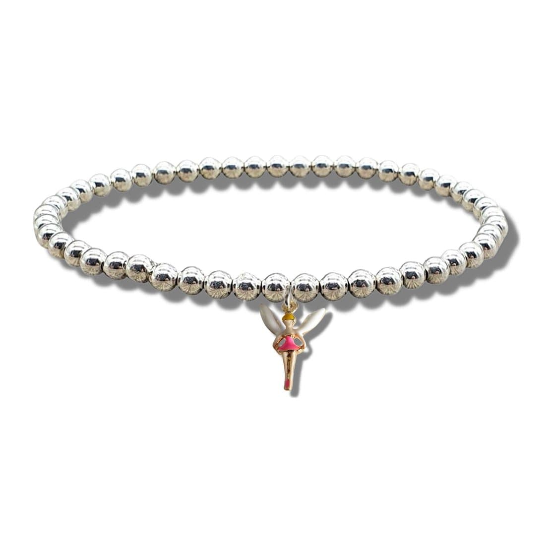 Girls pink fairy beaded bracelet with a pink enamel fairy charm on silver plated beads