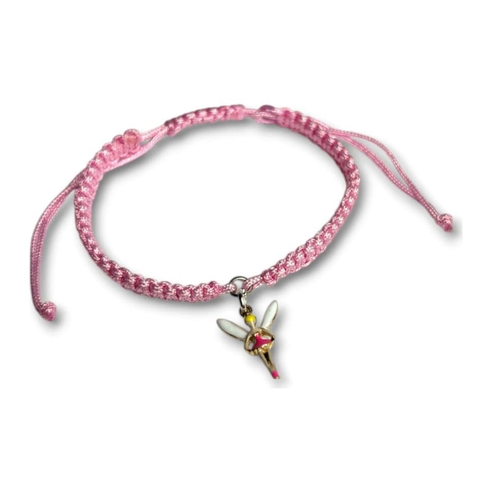 Pink enamel fairy charm on a braided friendship bracelet with an adjustable cord