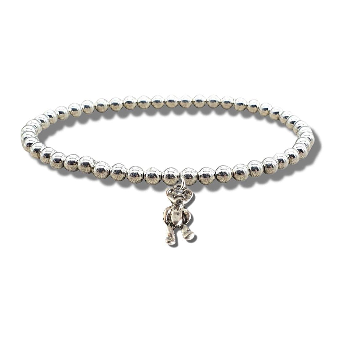 Silver beaded stretch bracelet with a silver teddy bear charm