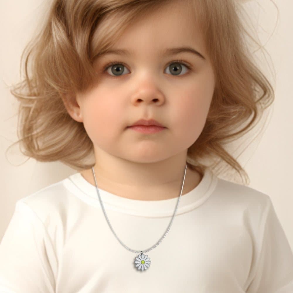 Girls white daisy charm necklace with a white and yellow daisy charm on a chain