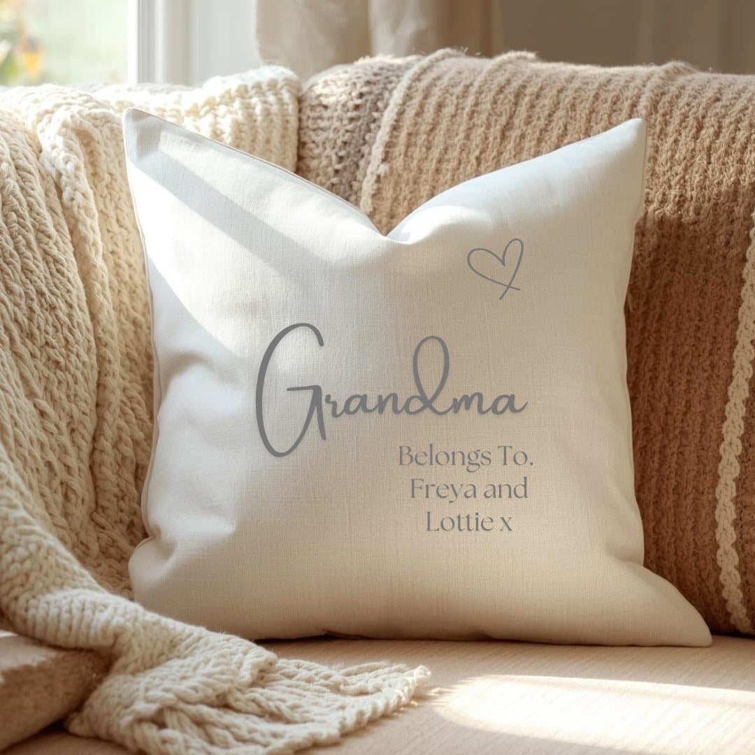 Cream linen-look cushion with the message Grandma Est. 2026