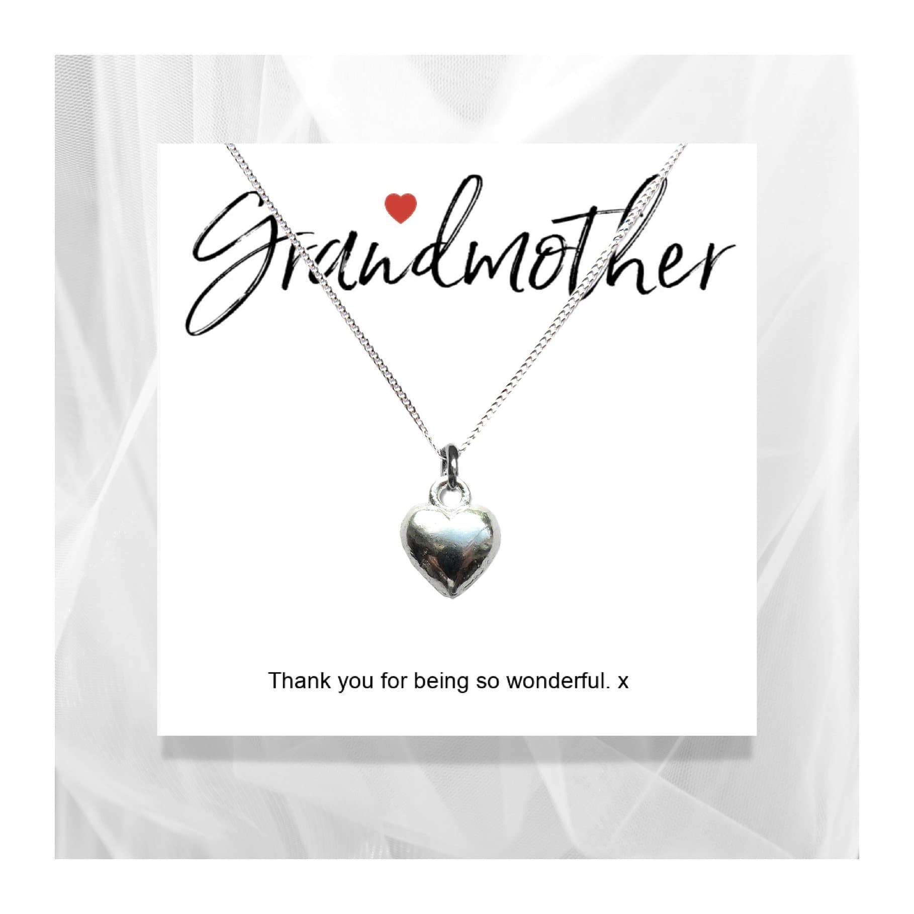 Sterling silver heart necklace on a Grandmother quote gift card, with a black gift box