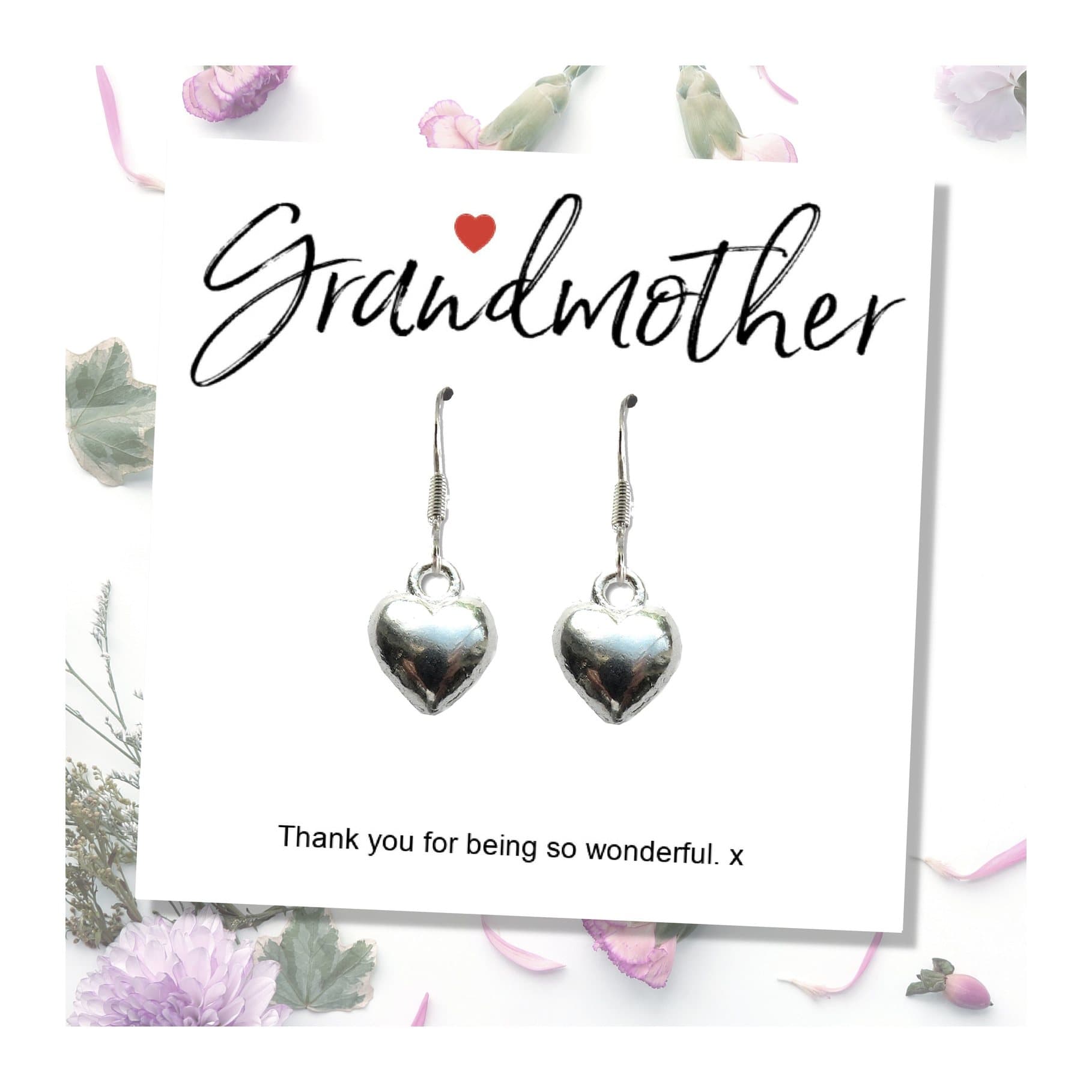 Heart earrings on a grandmother thank you card, with a black gift box