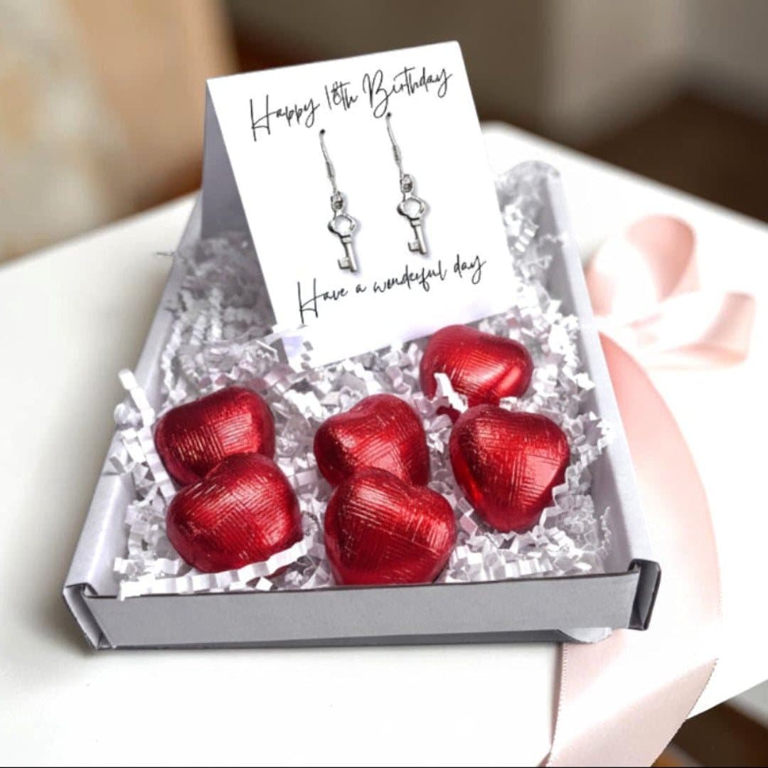 18th birthday gift hamper: silver drop earrings, key charm and chocolate hearts