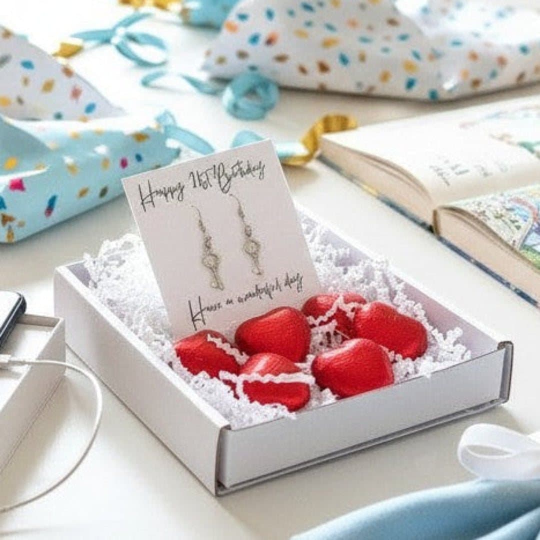 21st birthday mini gift hamper with drop earrings and milk chocolate hearts