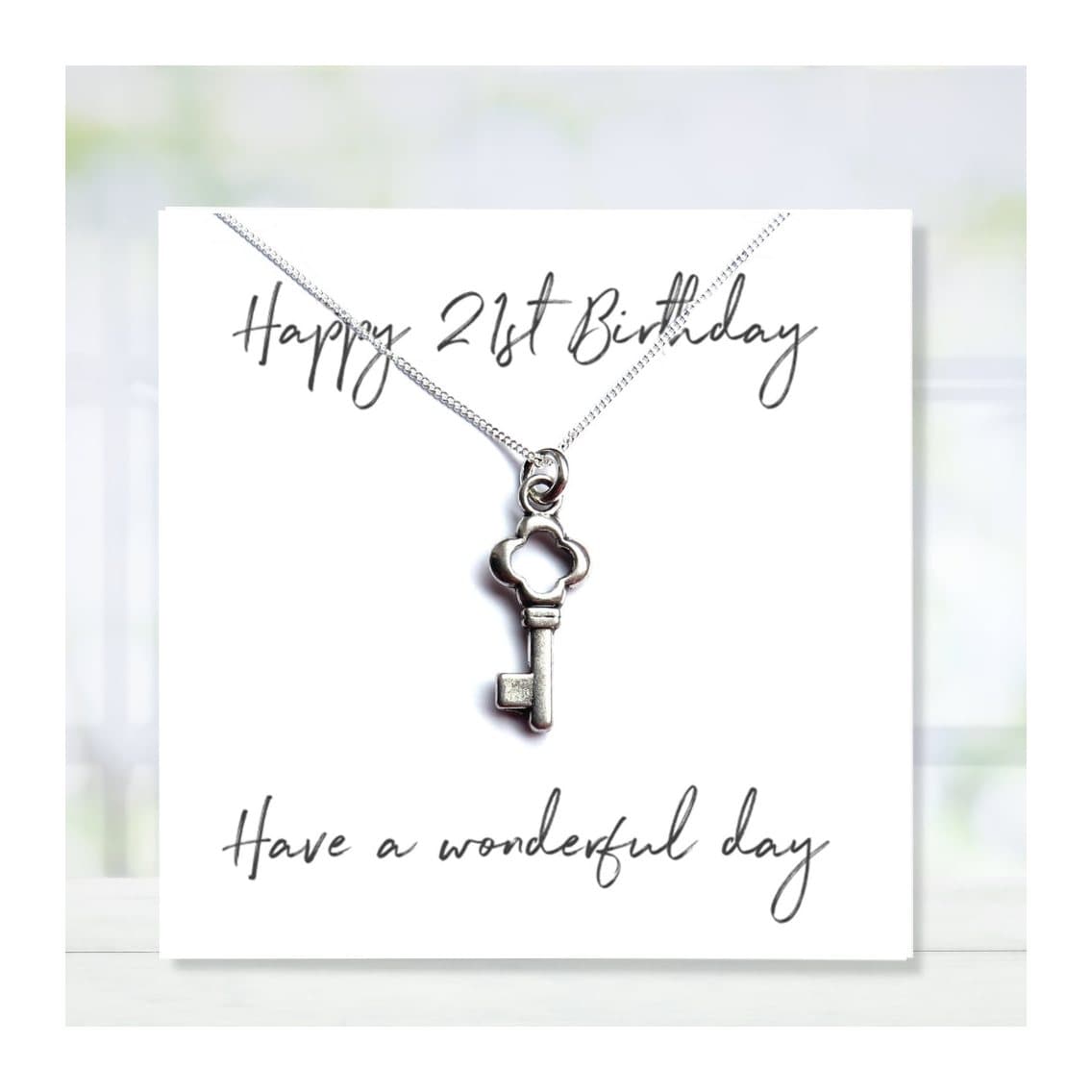 Silver key charm necklace with a Happy 21st Birthday message card