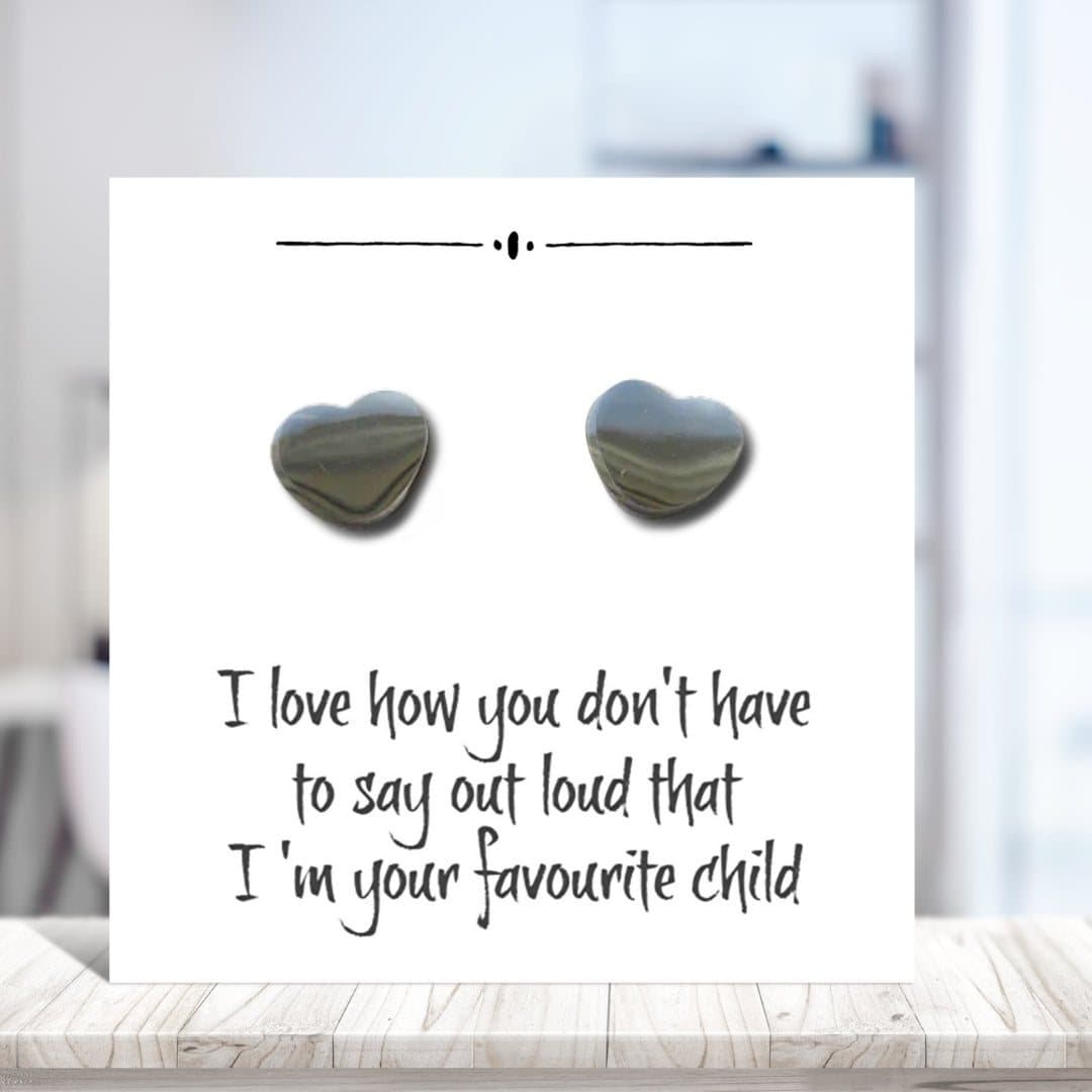 Silver coloured heart earrings with a funny message card for mum