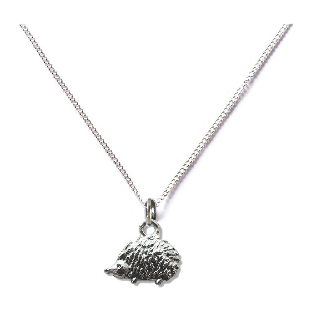 Hedgehog charm necklace with a silver plated hedgehog charm on a 16 inch chain