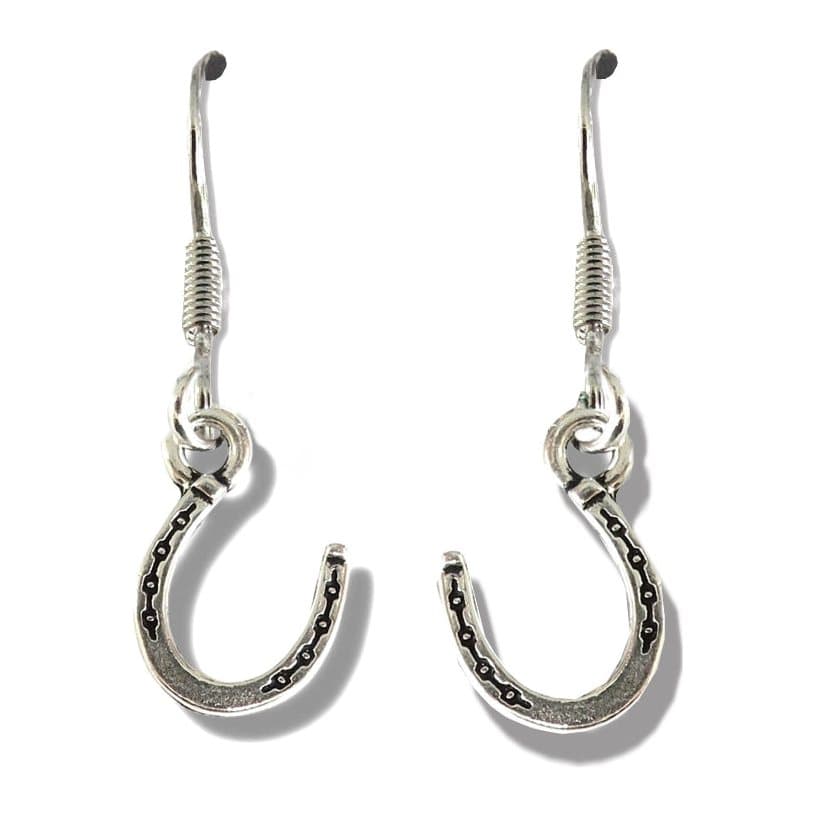 Silver plated horseshoe charm drop earrings on sterling silver plated hooks