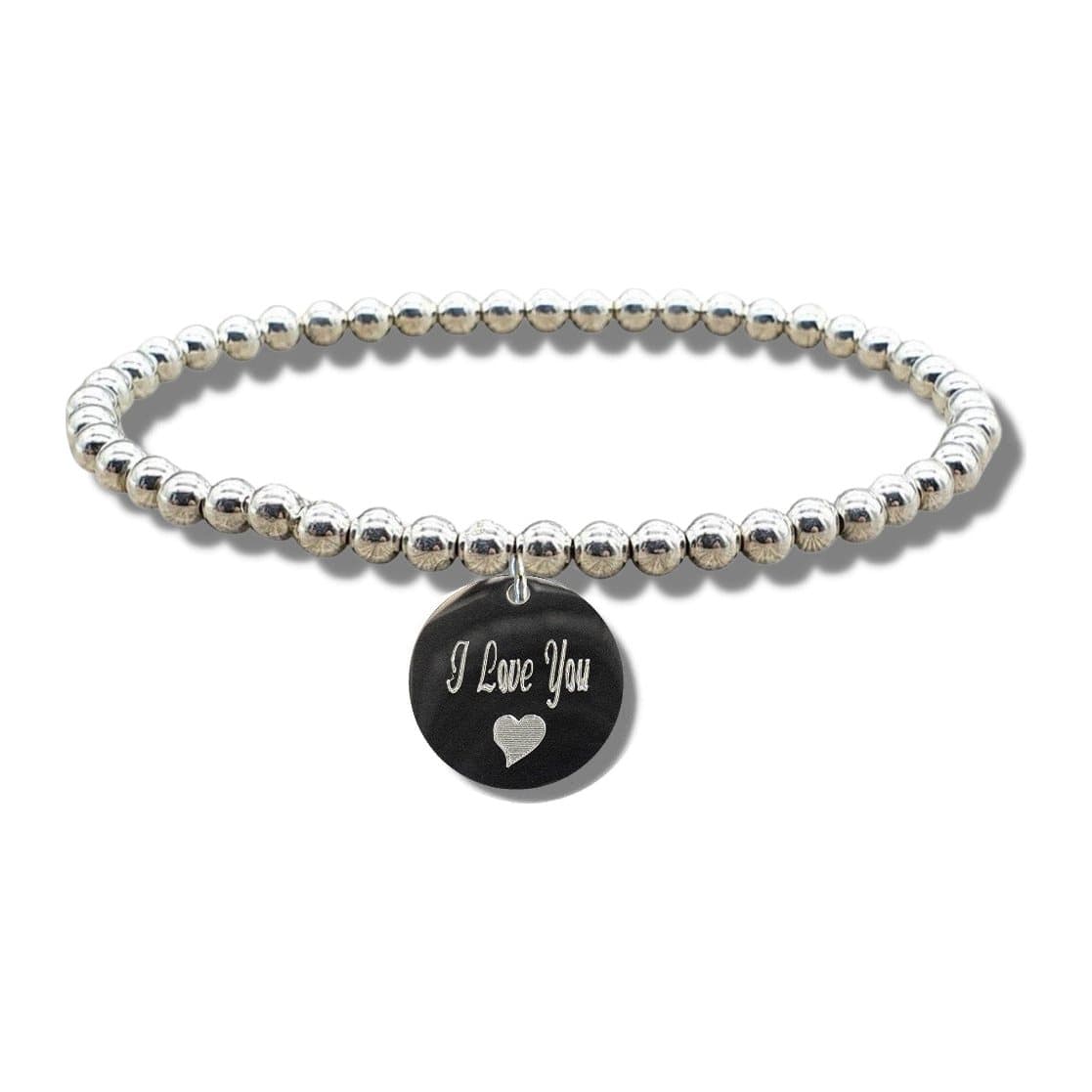 Silver beaded bracelet with a round disc engraved I Love You and a heart