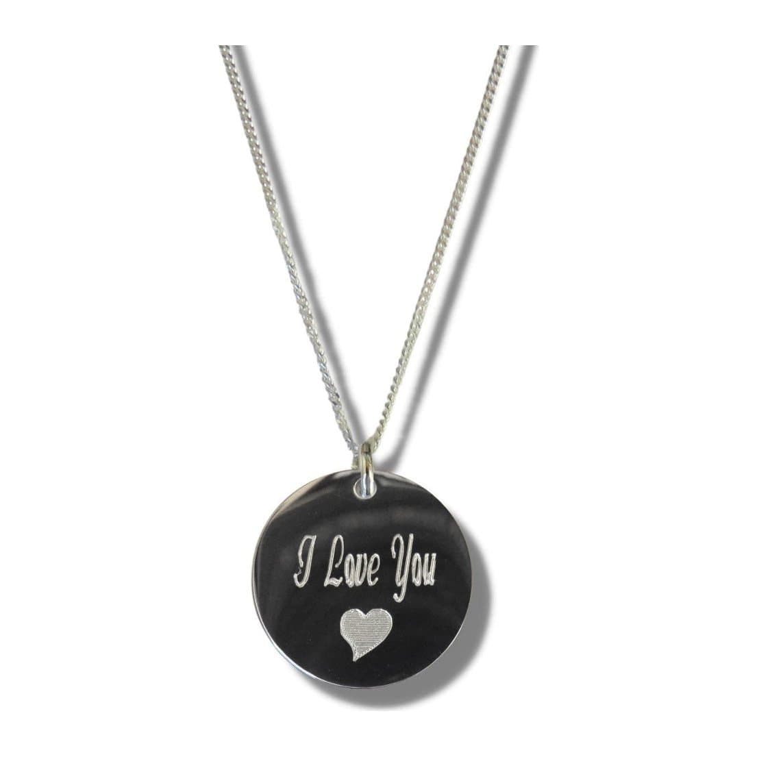 Silver I Love You disc necklace with an engraved heart on a fine chain