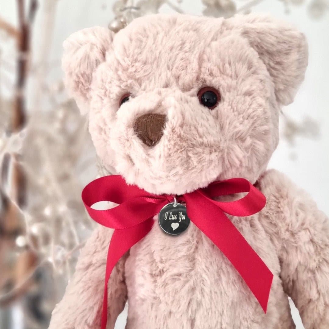 Personalised I Love You teddy bear with an engraved stainless steel charm and ribbon
