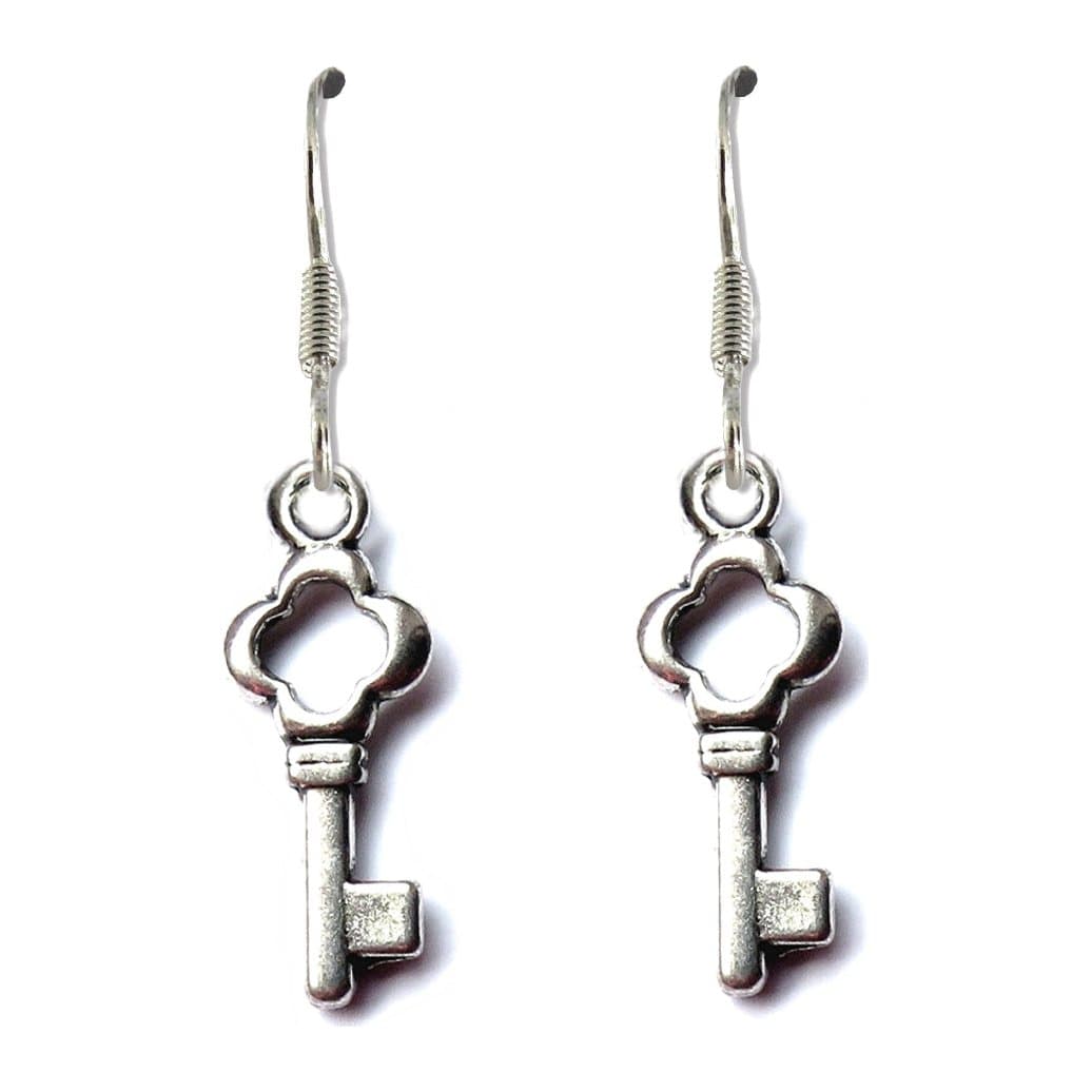 Key drop earrings with silver plated key charms on silver plated drop hooks