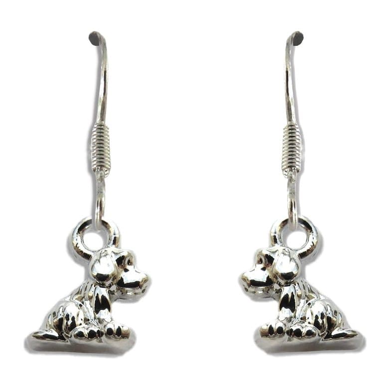 Silver plated little dog drop earrings hanging from sterling silver plated hooks
