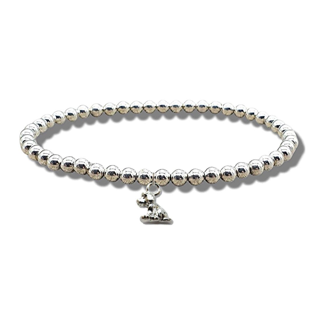 Silver plated dog charm on a stretch beaded bracelet