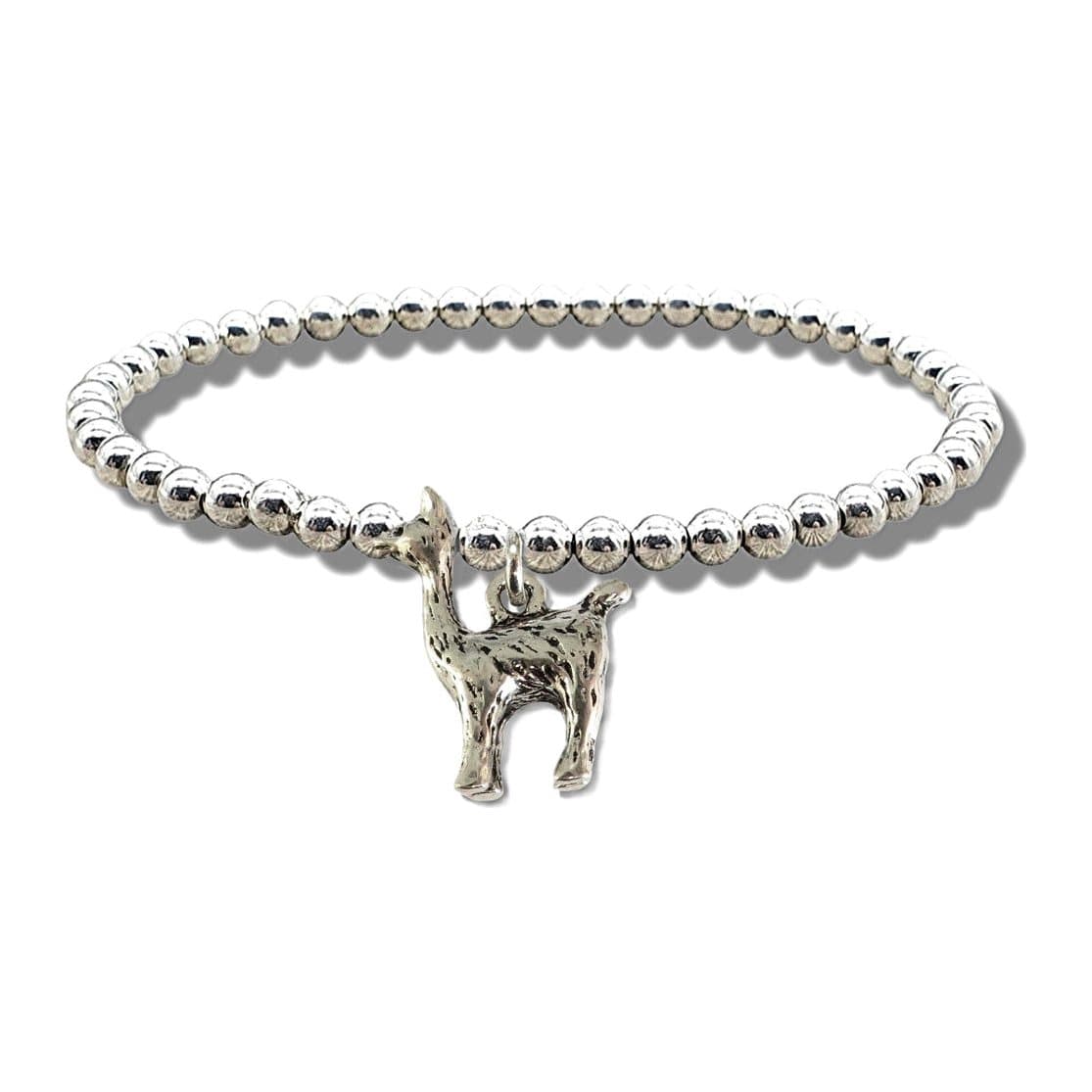 Silver plated llama charm on a silver beaded stretch bracelet