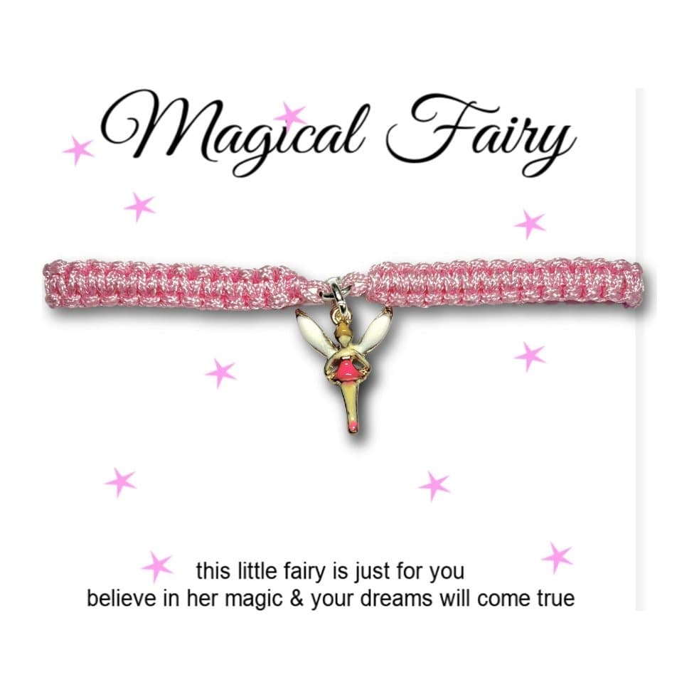Pink nylon friendship bracelet with a gold-plated pink enamel fairy charm