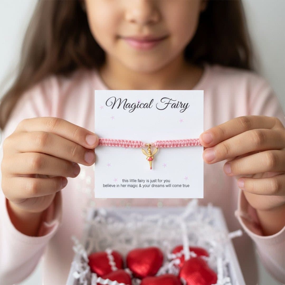 Magical fairy girls bracelet mini gift hamper with a pink enamel fairy charm