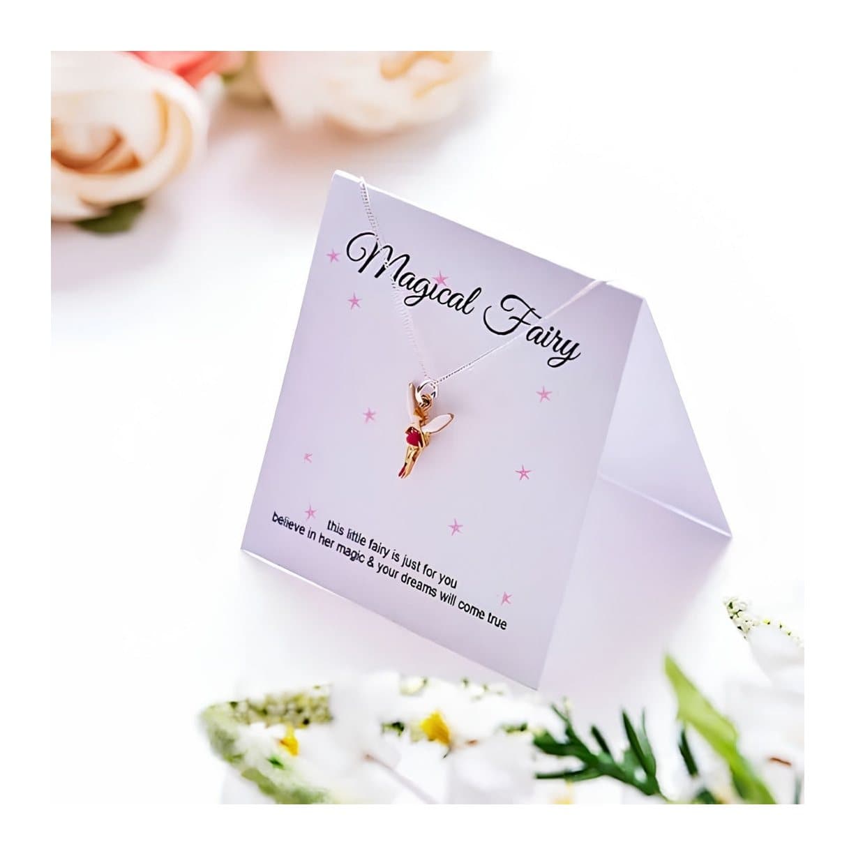 Pink enamel fairy charm on a sterling silver chain with a message card