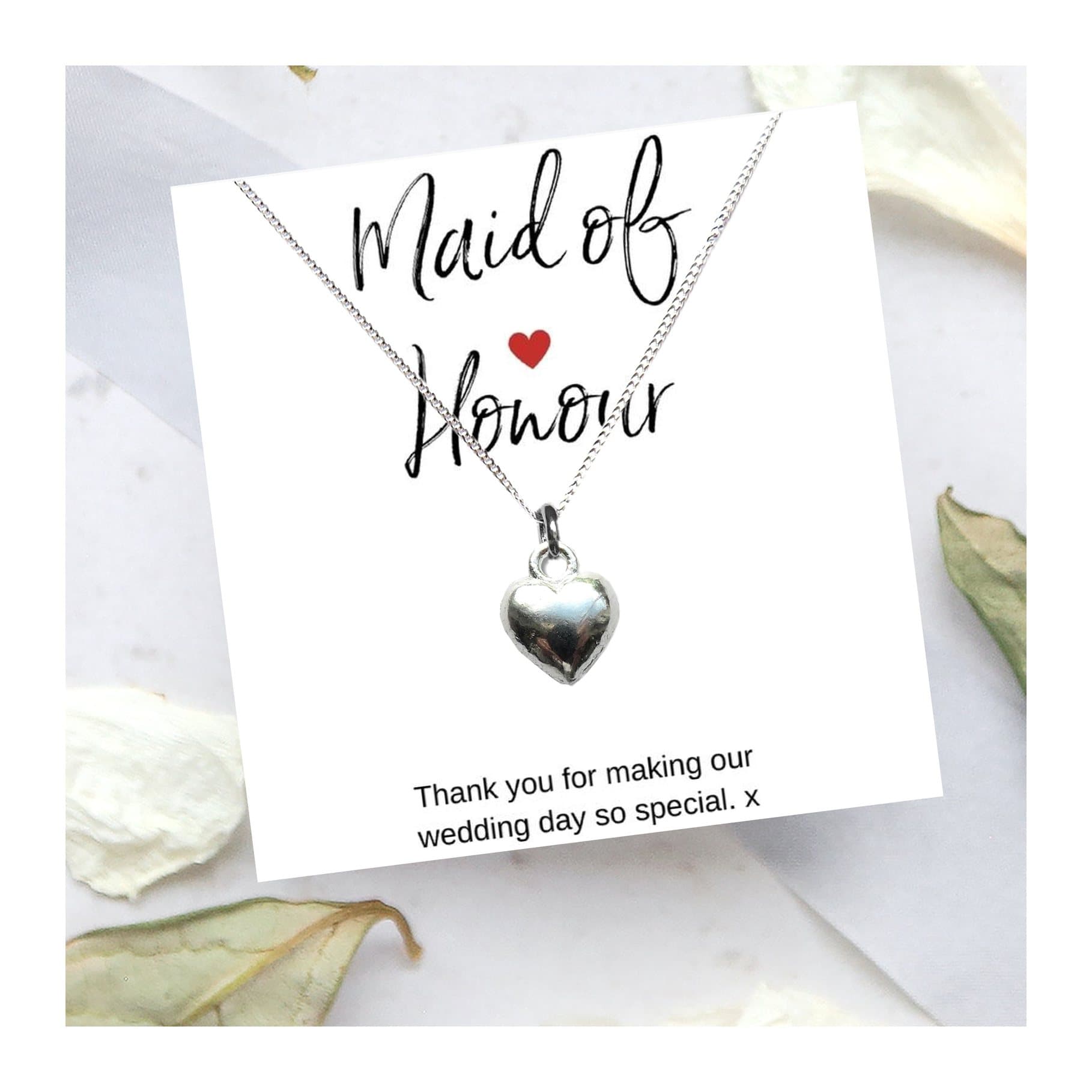 Silver heart necklace on a sterling silver chain with a thank you message card