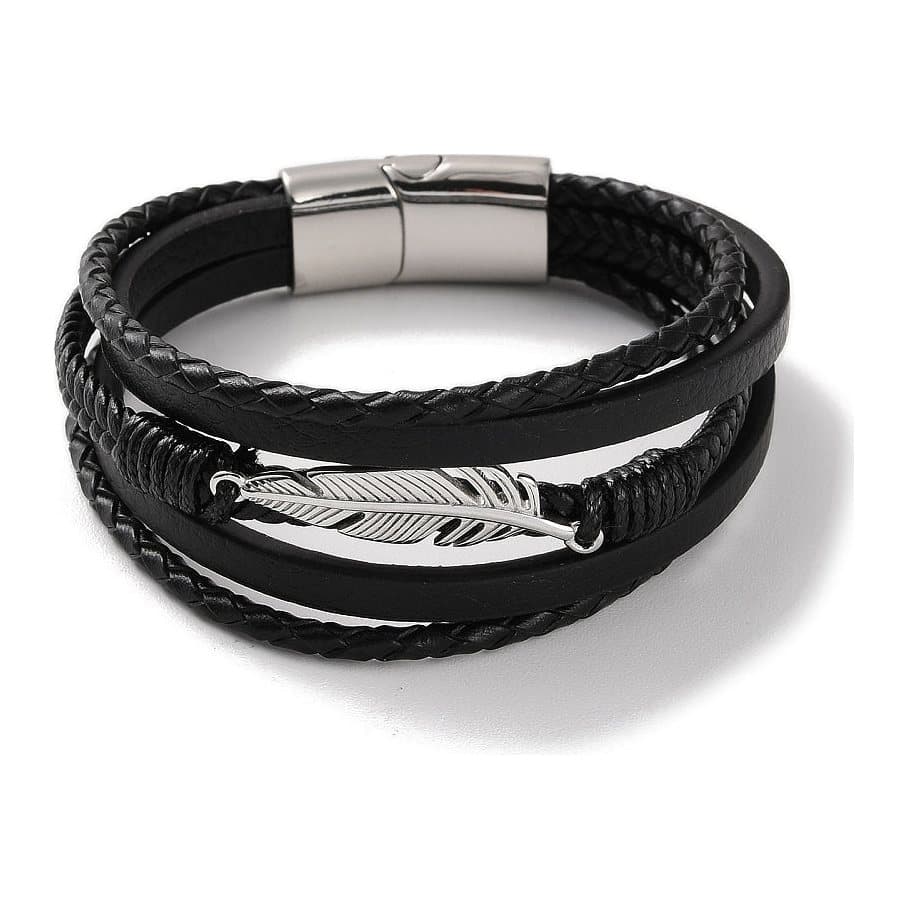 Men's black faux leather bracelet with pleated cord and a silver-toned clasp