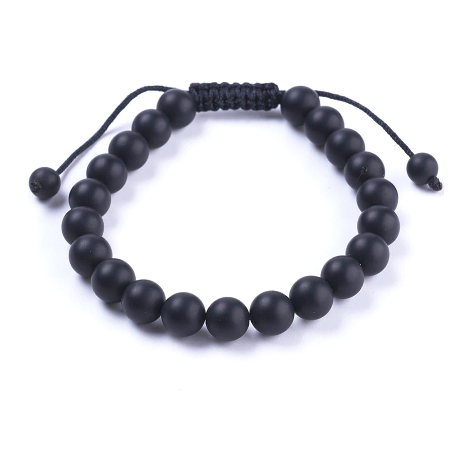 Men's black agate beaded bracelet on an adjustable nylon cord