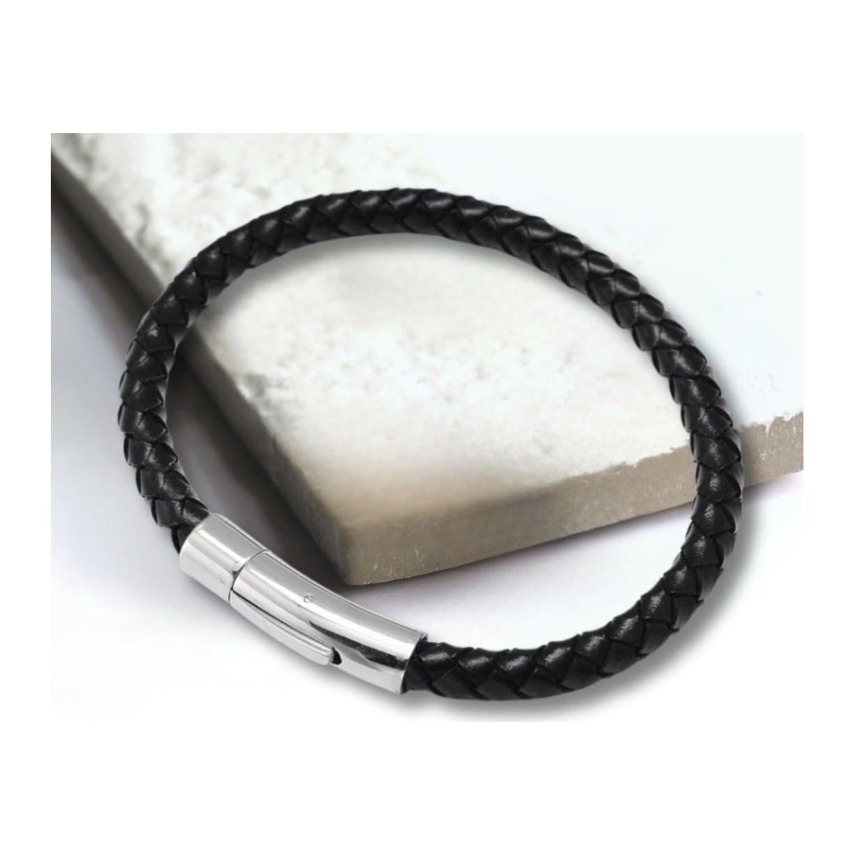 Black leather rope bracelet with a silver magnetic clasp