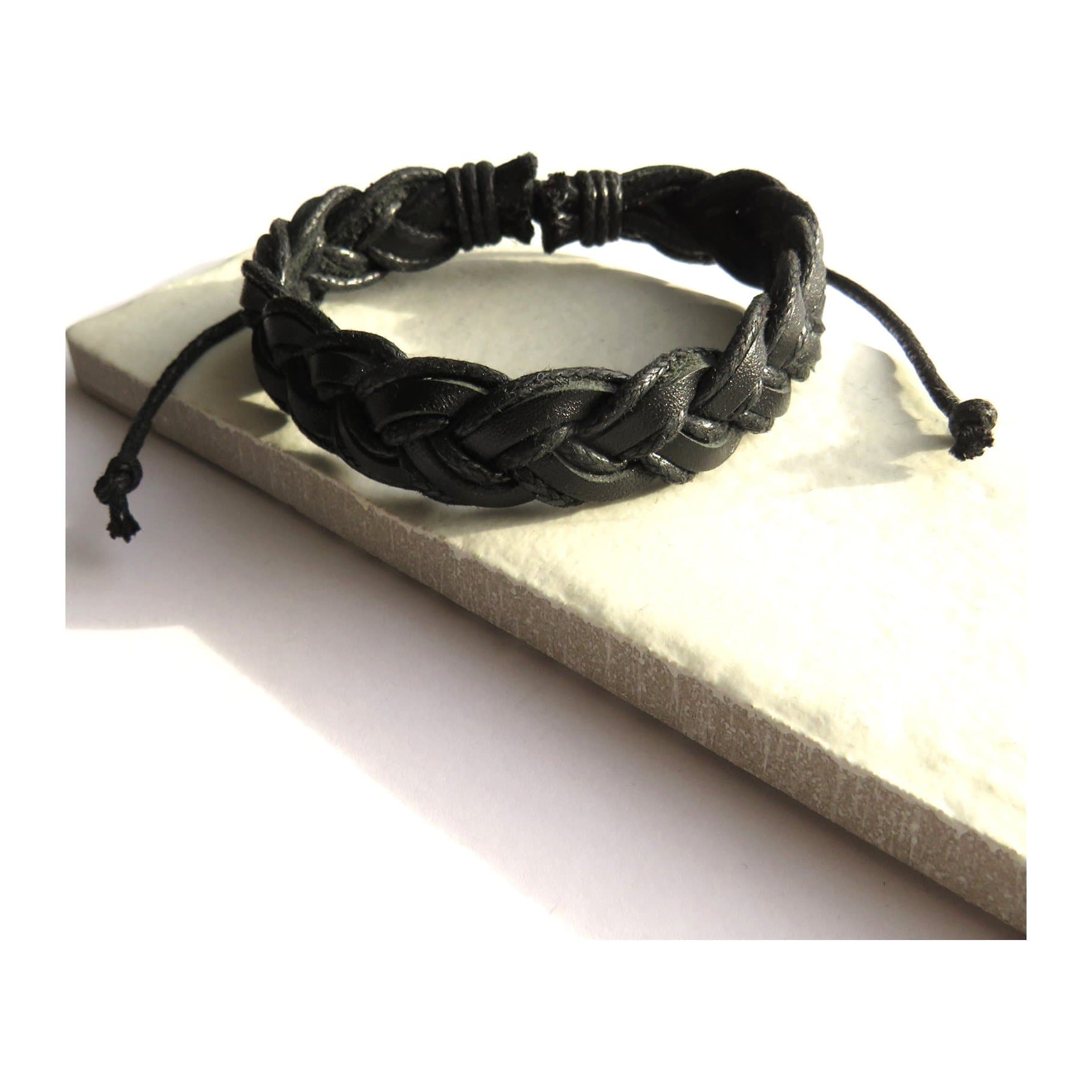 Men's black pleated real leather bracelet with an adjustable fit