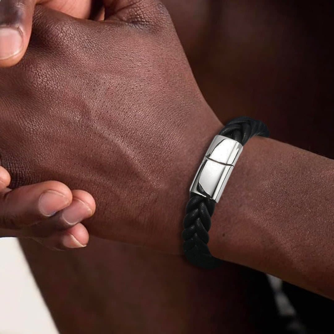Men's black woven leather bracelet with a silver-toned magnetic clasp