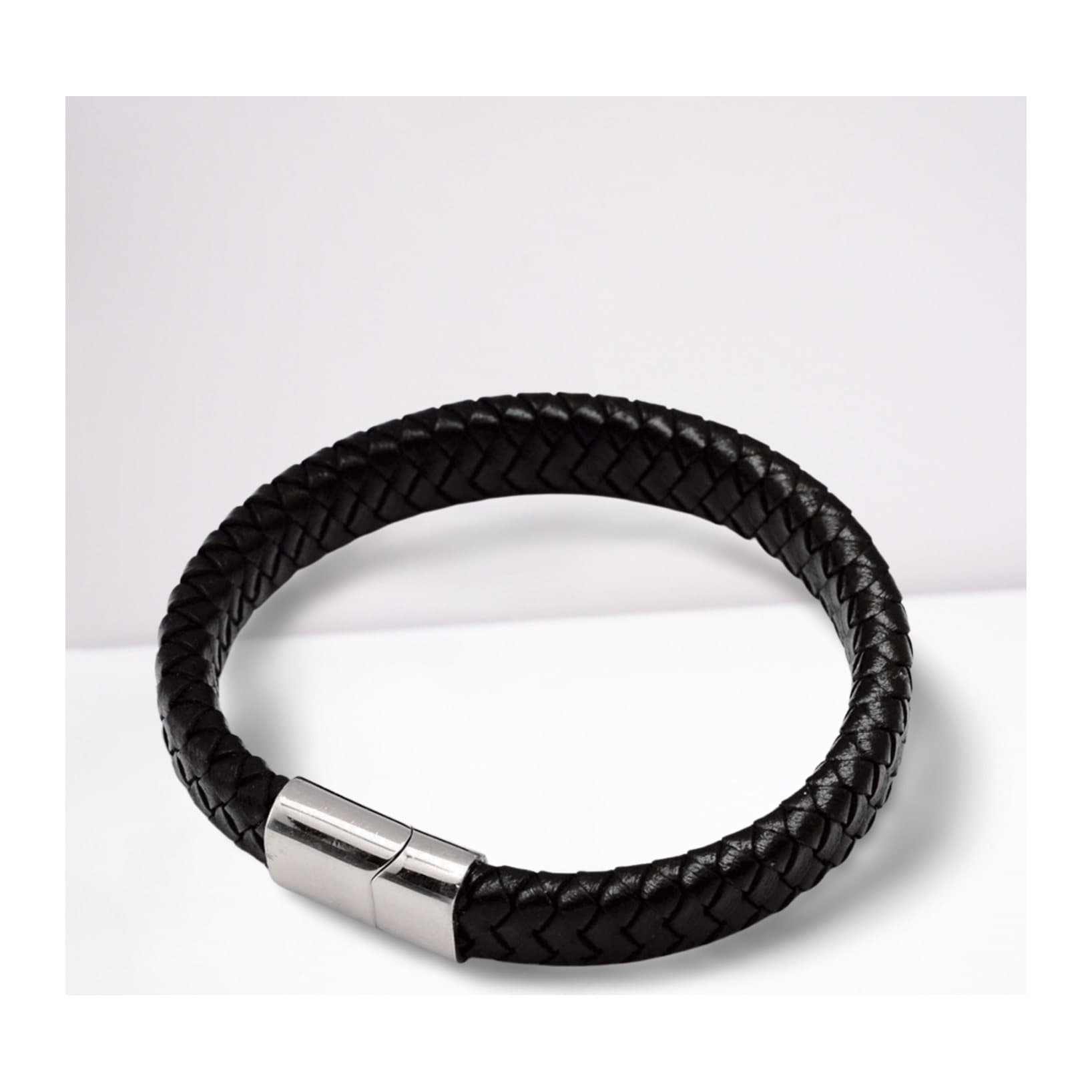 Men's black braided leather bracelet with a silver stainless steel fastening