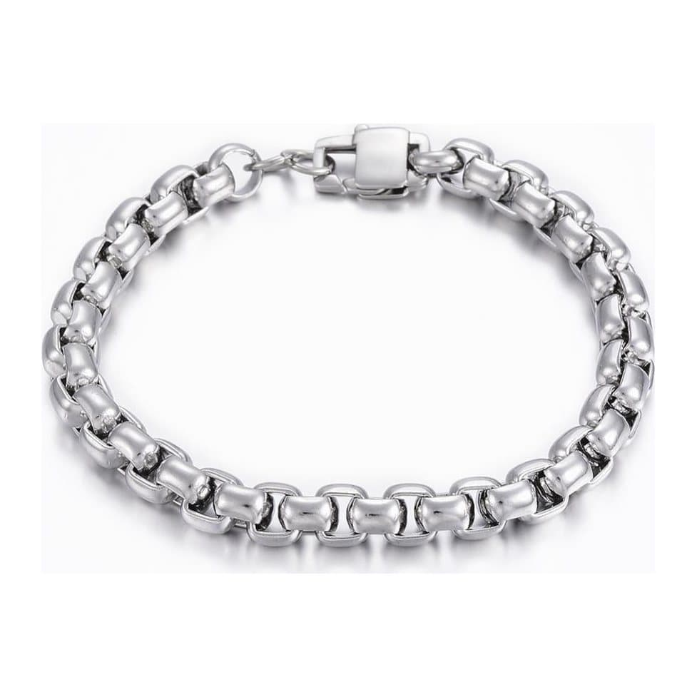 Men's silver box chain bracelet in stainless steel, 8 mm wide