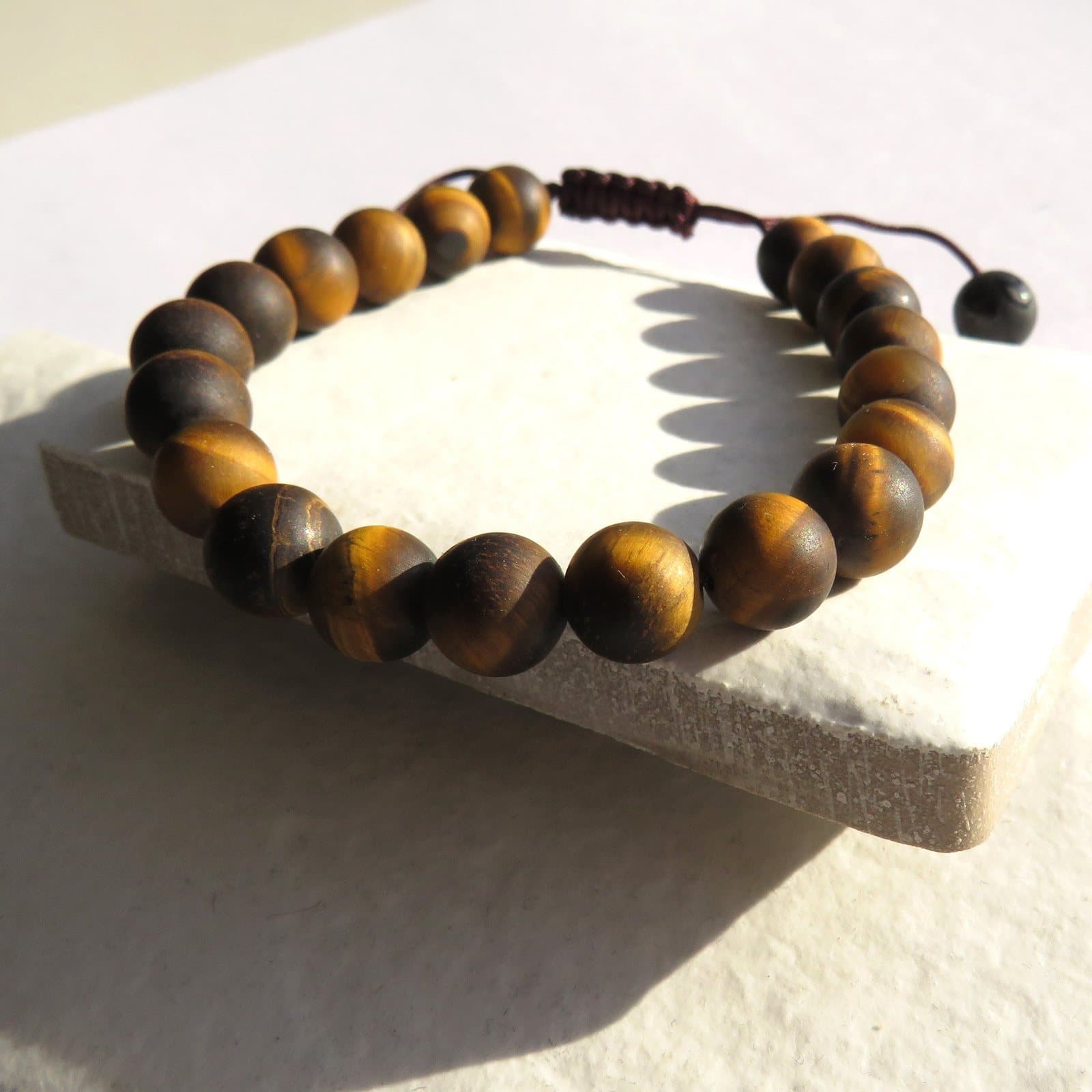 Men's Tigers Eye adjustable bracelet with natural tiger eye beads on nylon thread