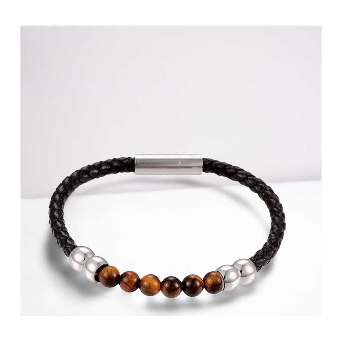 Men's tigers eye bracelet with braided faux leather cord and steel clasp