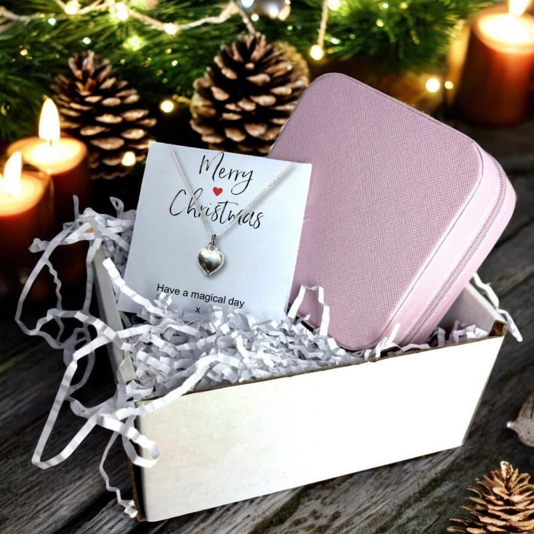 Christmas hamper with silver heart necklace, pink jewellery box and card