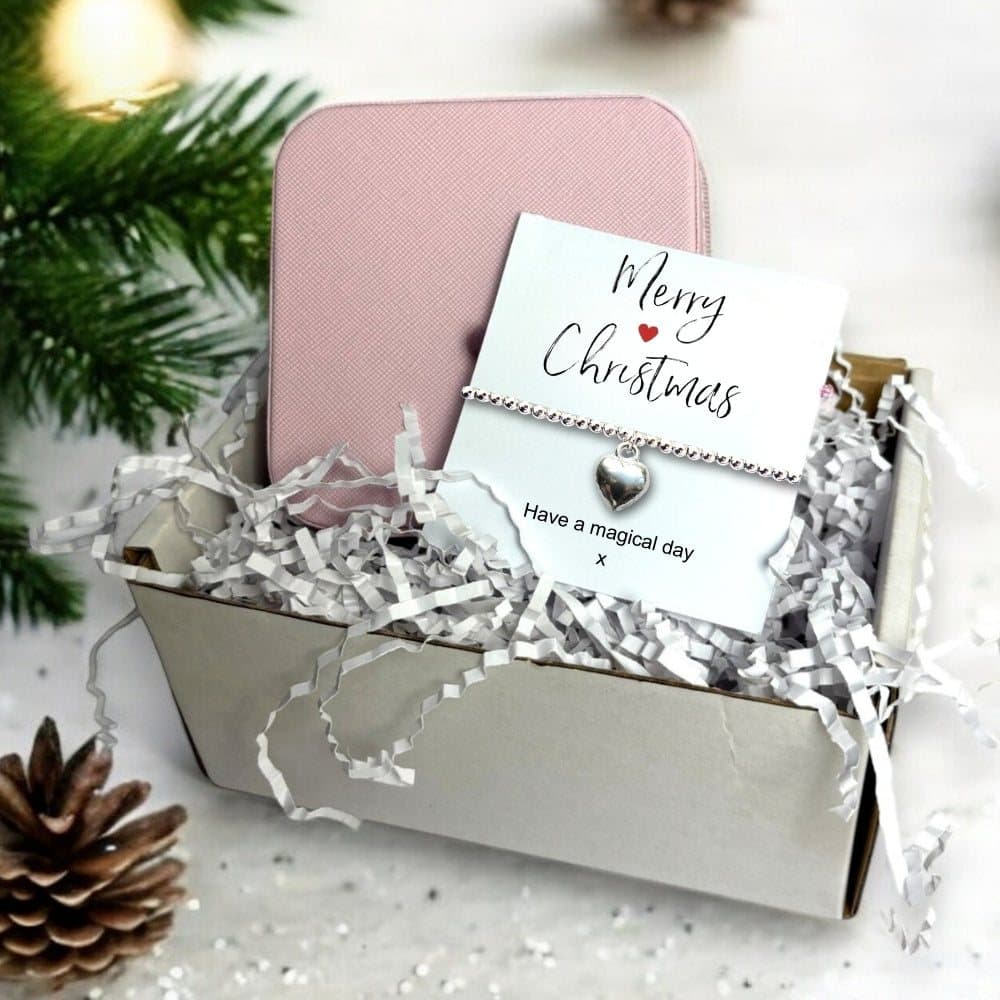 Silver heart bracelet and pink square jewellery box in a Christmas gift hamper