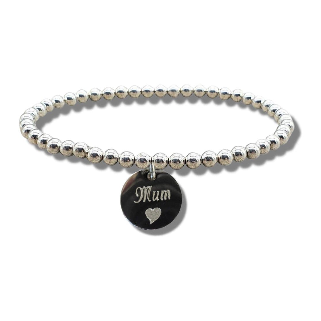 Silver beaded bracelet with a stainless steel disc engraved Mum and heart symbol