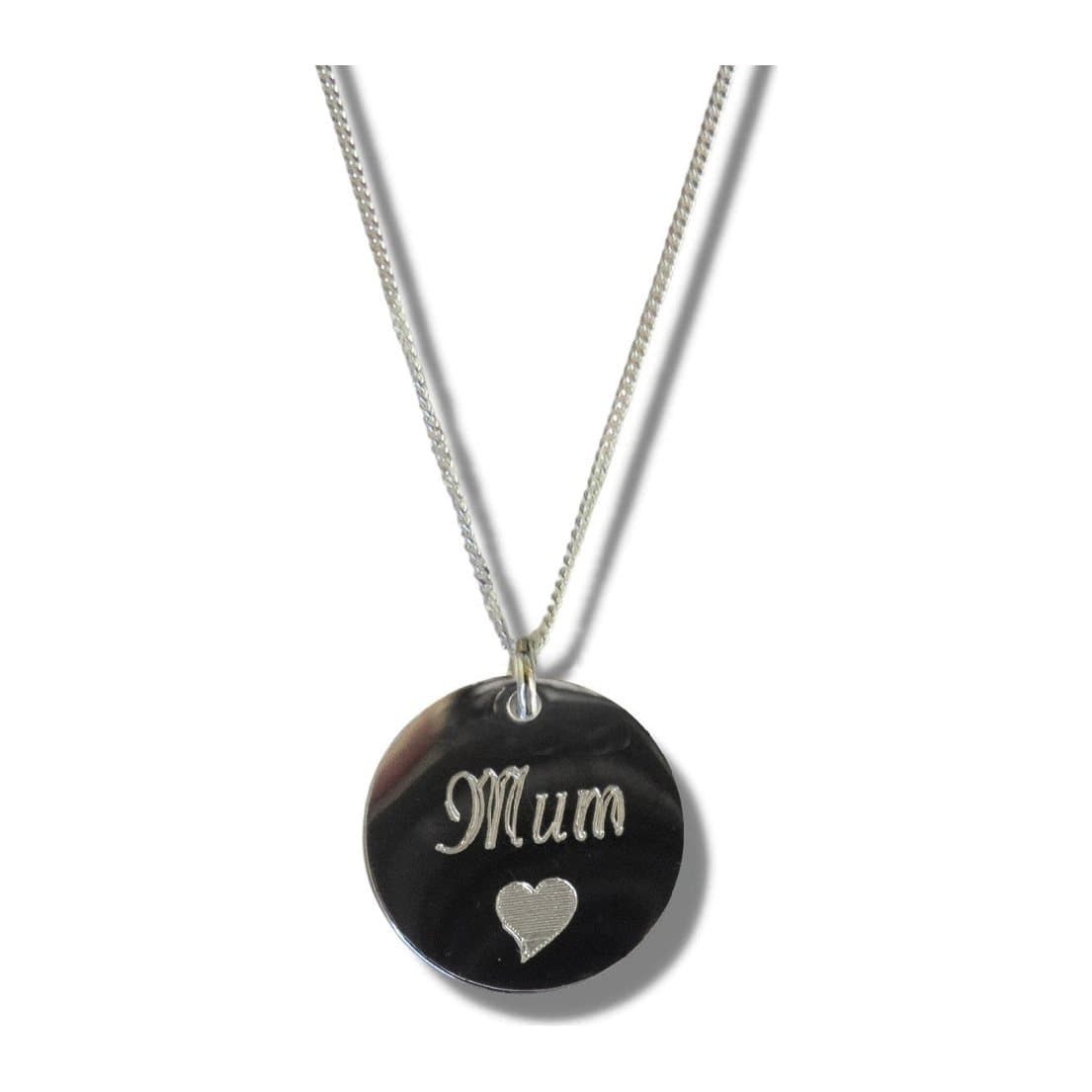 Silver mum disc necklace with a small heart symbol on a chain