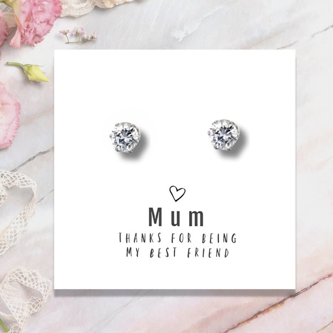 Stud earrings on a card reading Mum Thanks For Being My Best Friend