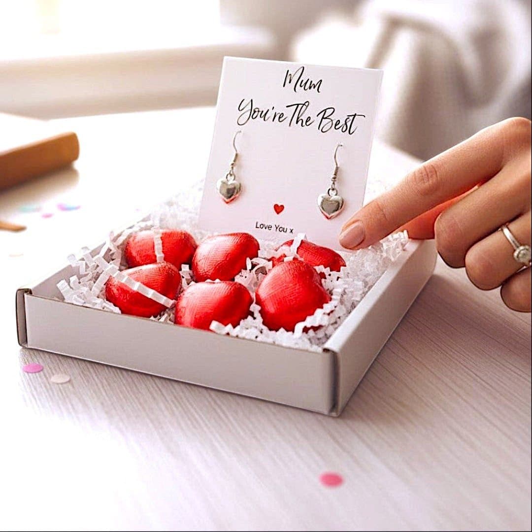 Silver heart earrings with a Mum You're the Best message card in a mini gift hamper