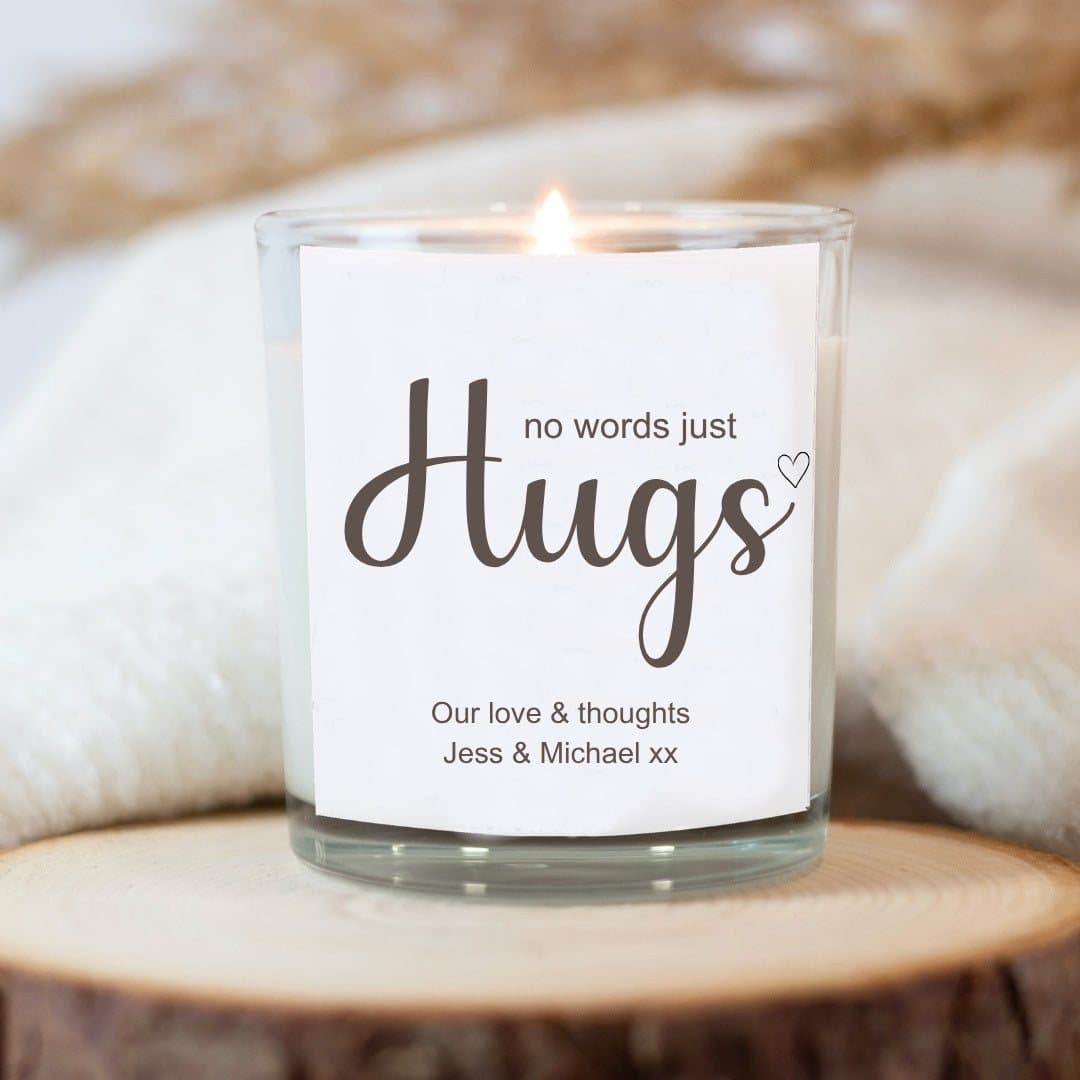 Personalised scented candle with red foiled chocolate hearts and matches in a gift box