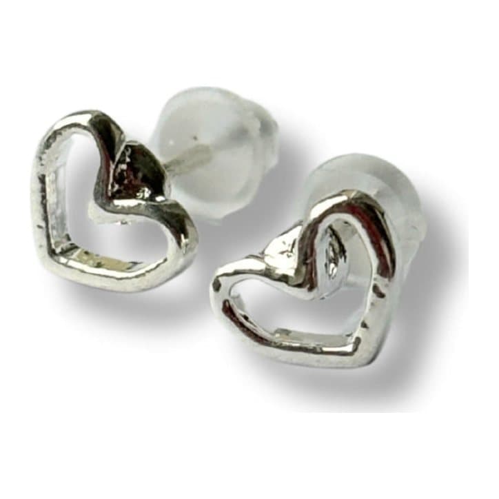 Open heart silver stud earrings in sterling silver on a plain background.