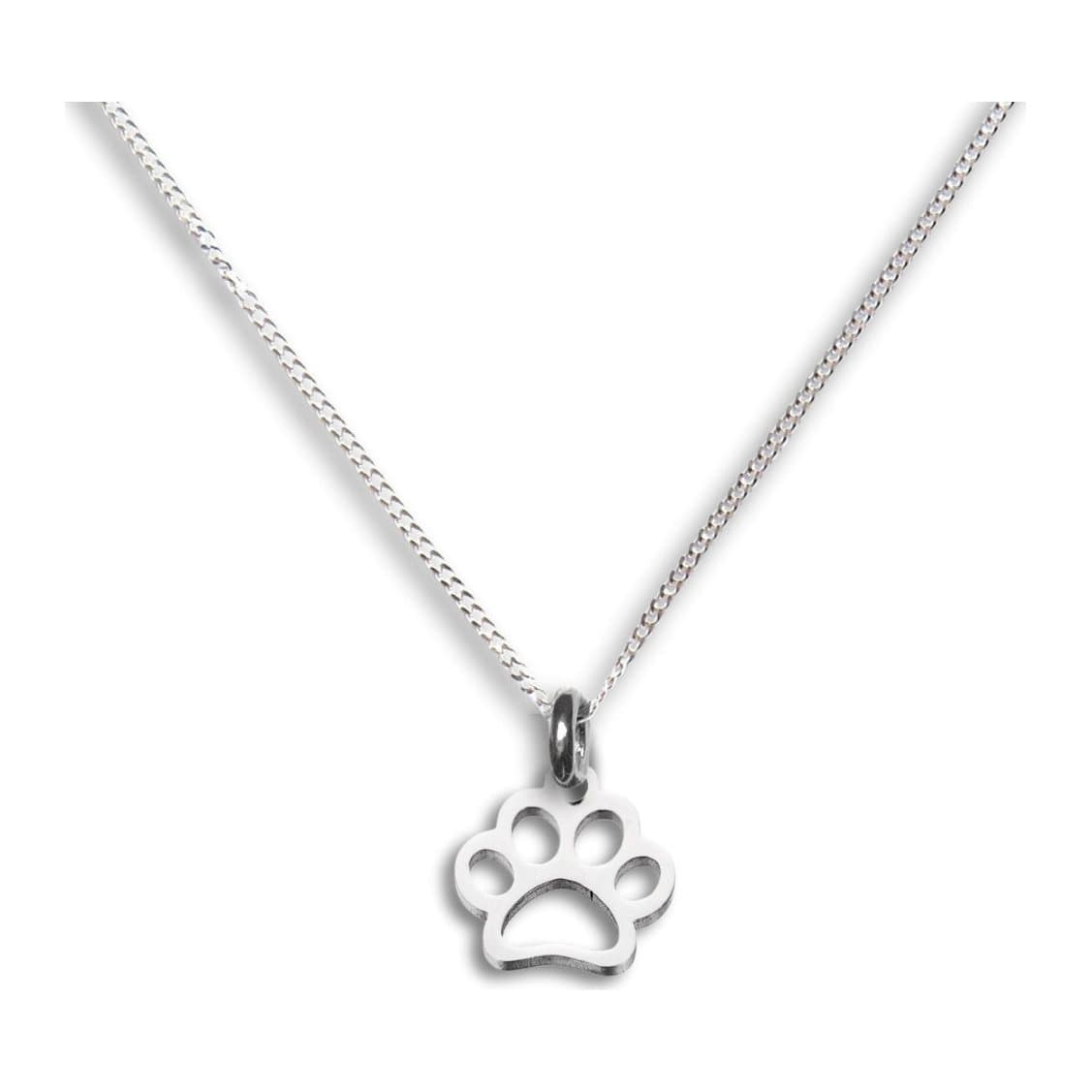 Silver paw print necklace with a bright stainless steel charm on a chain