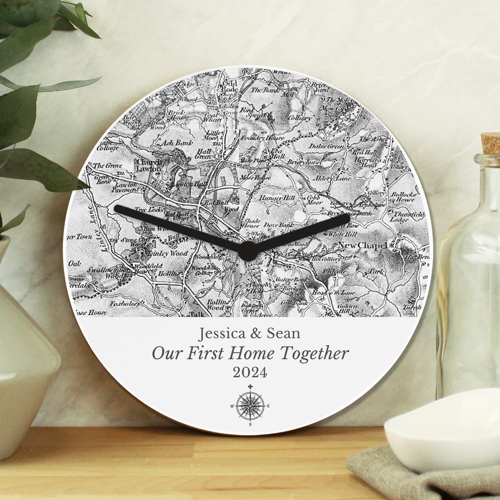 Wooden map clock personalised with a postcode map and message lines