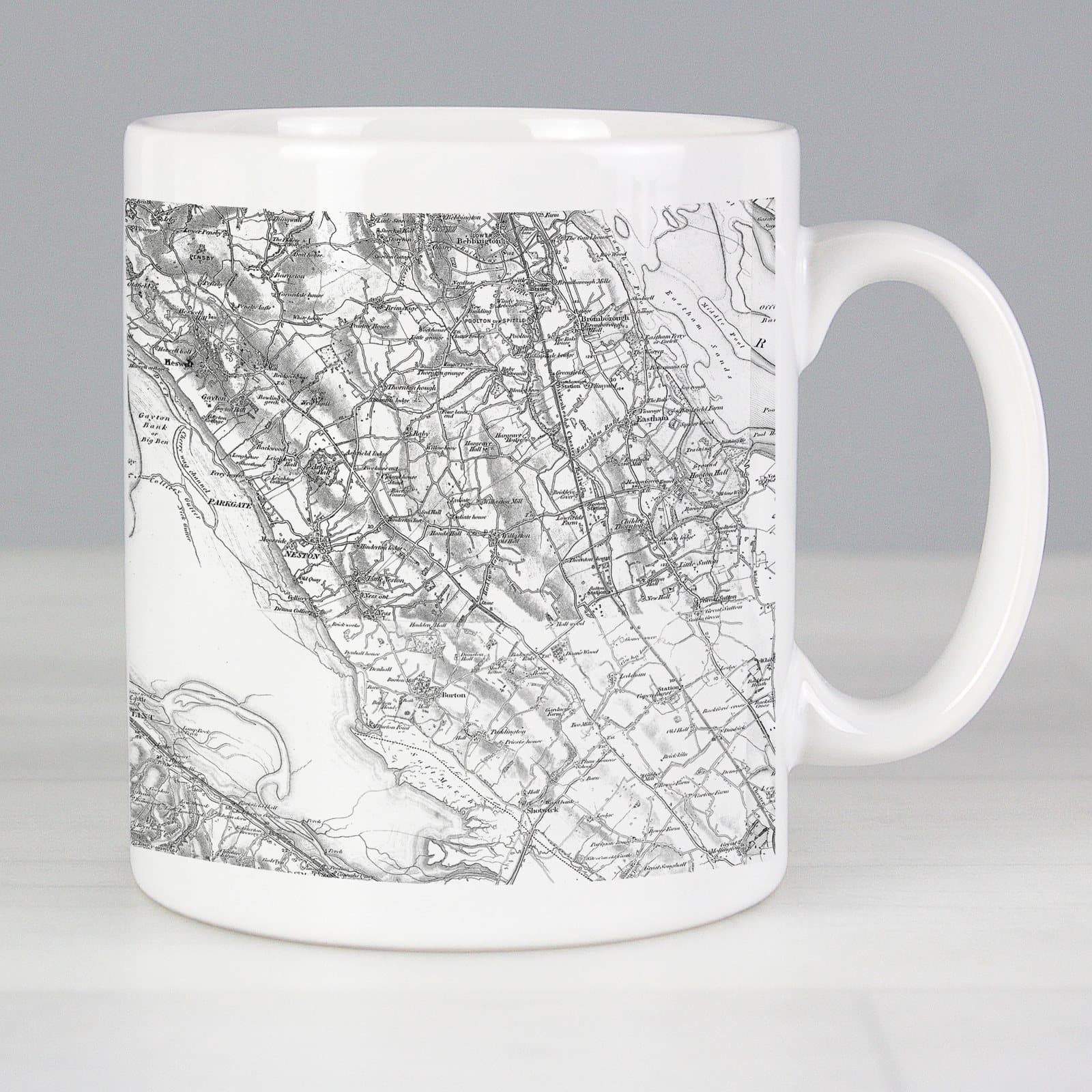 Ceramic mug showing an old Ordnance Survey map of a chosen postcode