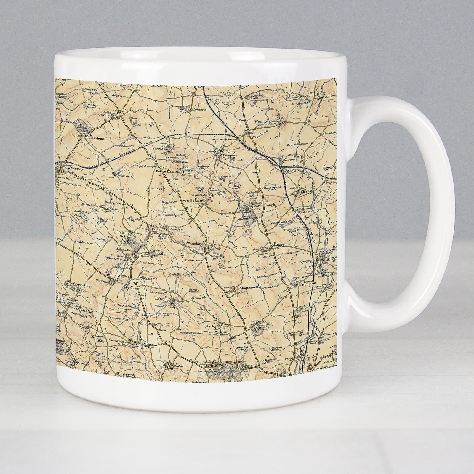 Ceramic mug showing a map of the area around a chosen postcode