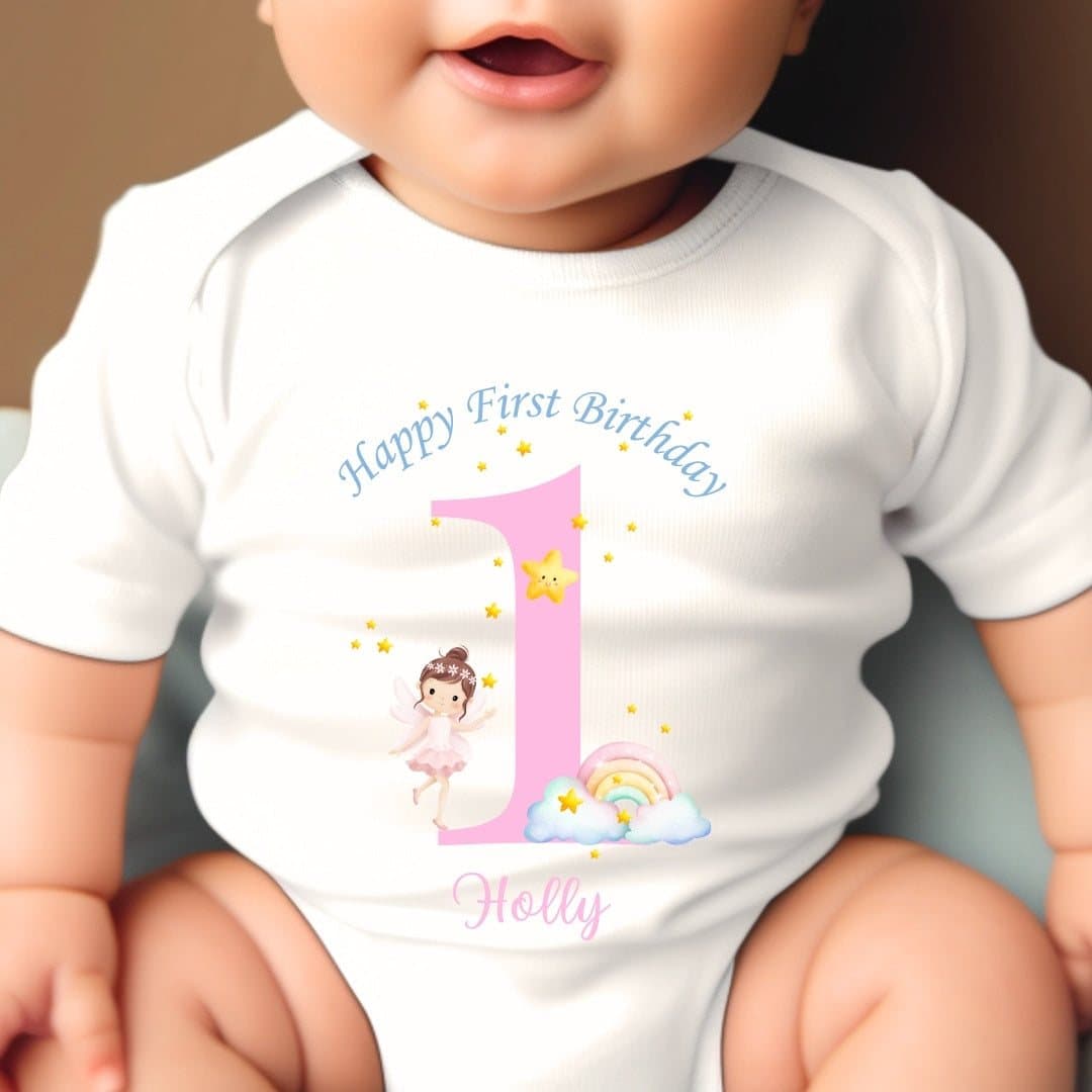 Personalised fairy 1st birthday baby grow with a rainbow fairy design
