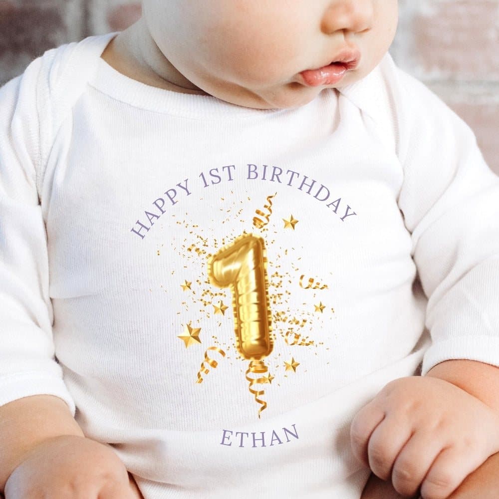 Personalised 1st birthday baby grow, vest or bib with a name printed on it