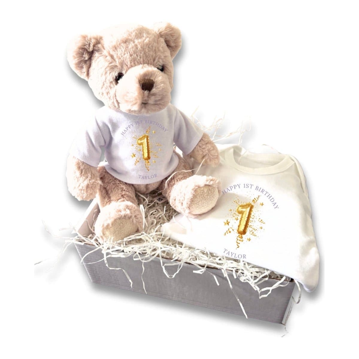 Gold 1st birthday balloon design on a baby vest, with a teddy bear