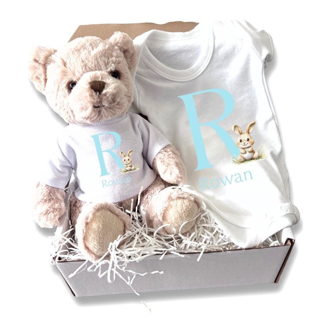 Personalised baby gift box with a teddy and a printed baby vest